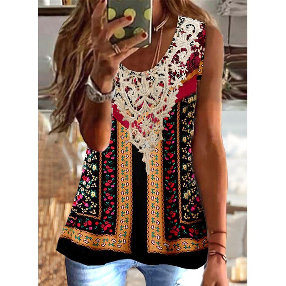 New Vintage Print Sleeveless Lace U-neck Vest Women's Top