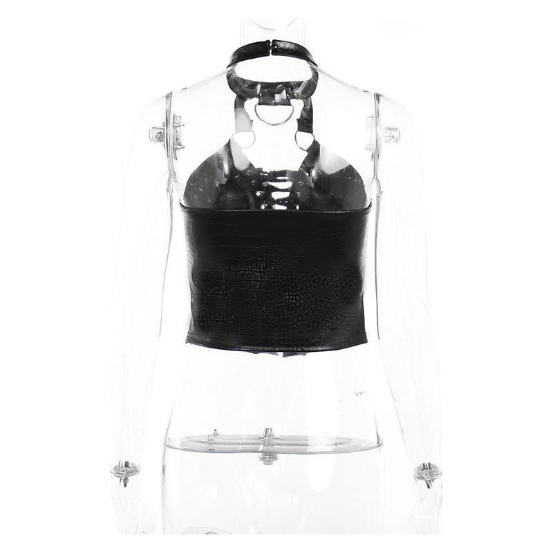 Street Hot Girl Halter Top Sexy Lace-up Vest Pu Leather Dark Style