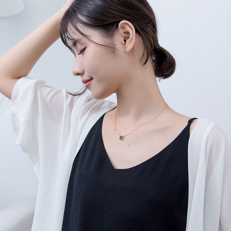 S925 silver set chain female Korean fashion green diamond square pendant temperament personality geometric clavicle chain - Jointcorp