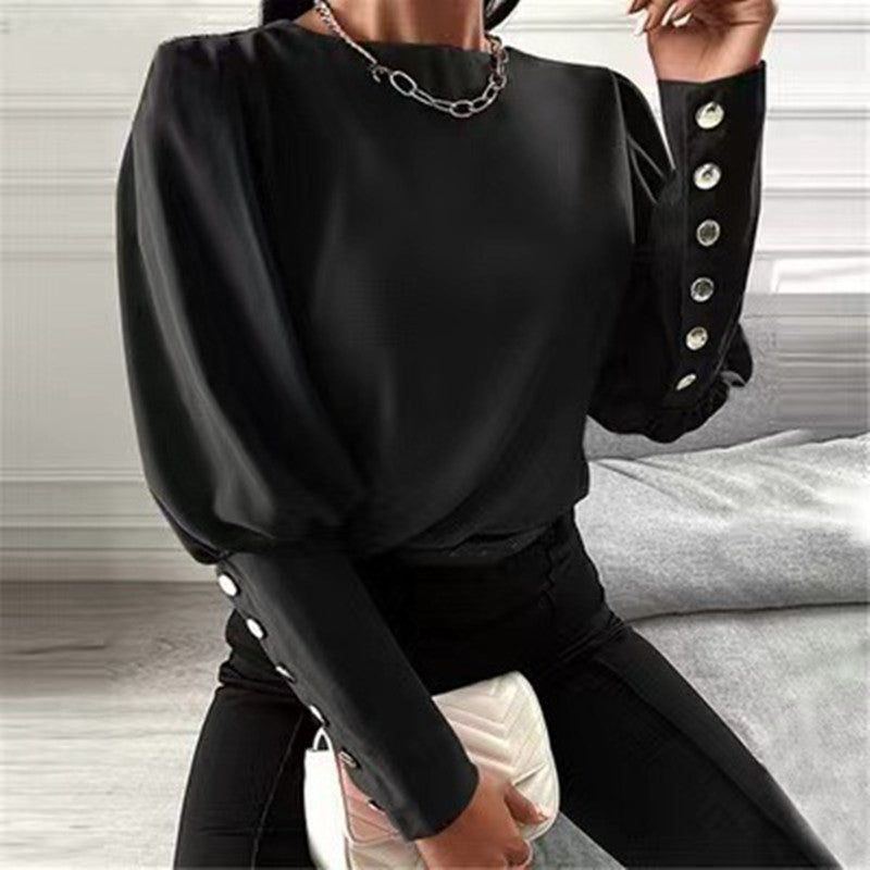 Women's Fashion Loose Casual Light Button Cage Sleeve Round Neck T-shirt