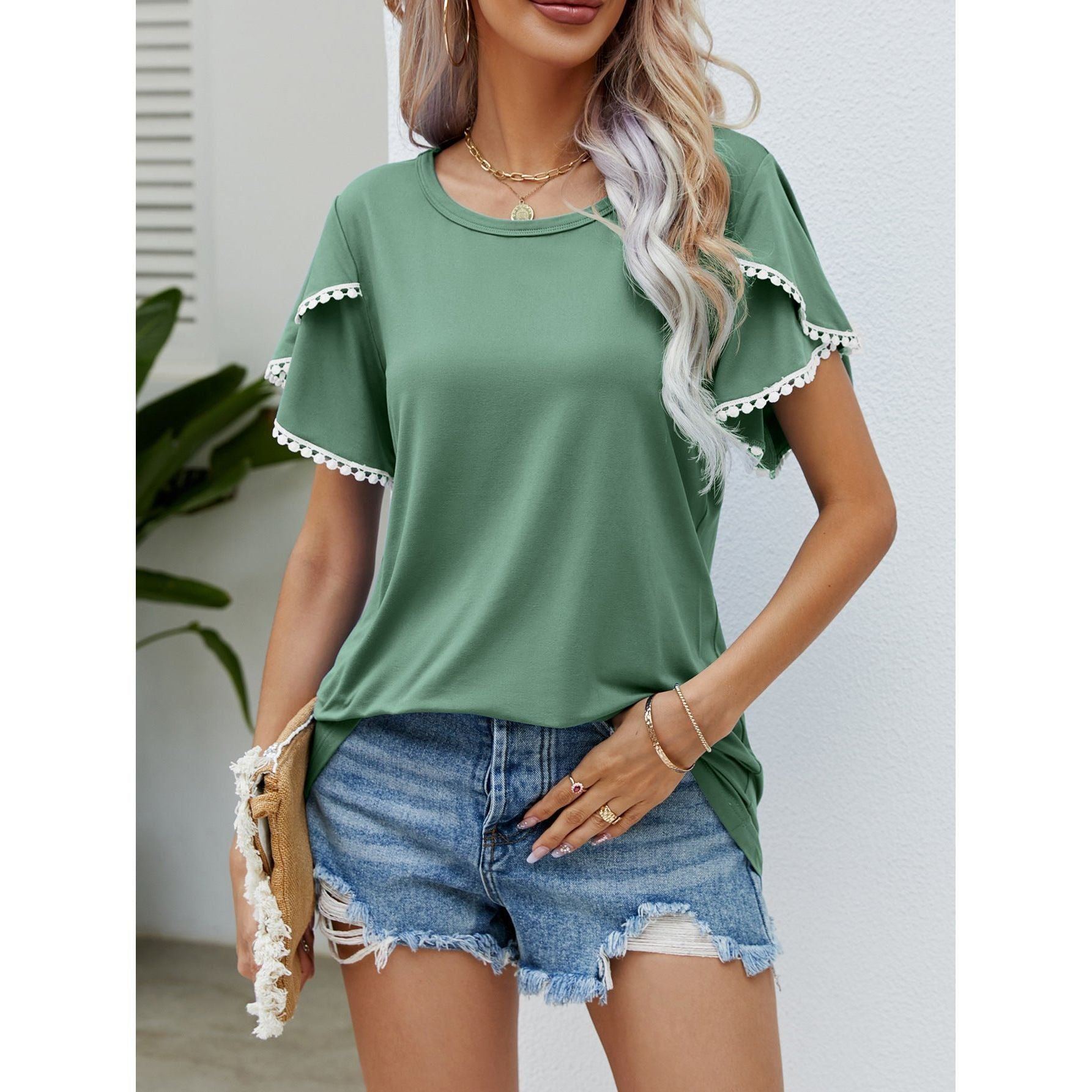 Round Neck Tassel Tulip Sleeve T-shirt Casual Top For Women
