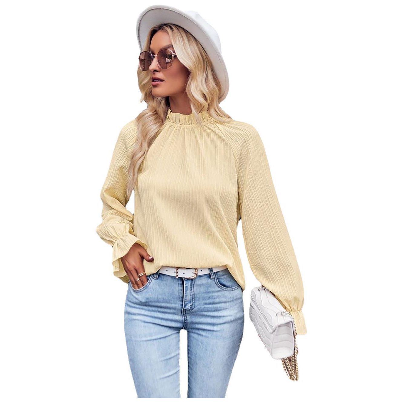 Autumn Women's Ruffled Collar Long Sleeve Jacquard Loose-fitting Top