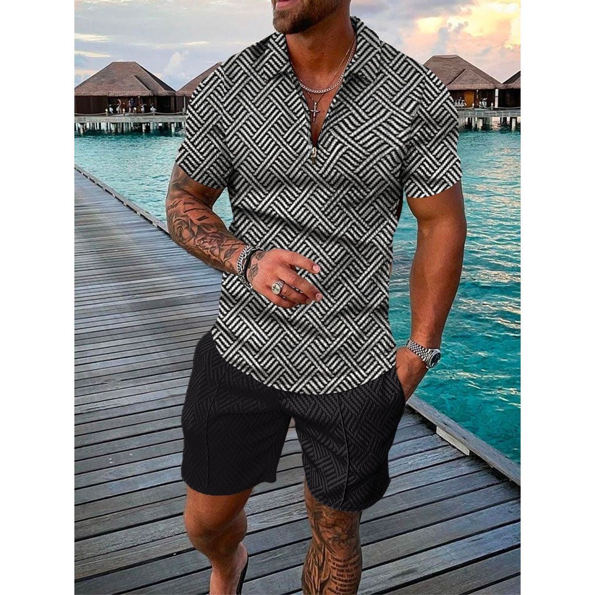 Men's Casual Fashion Lapel Zip Polo Shirt Two-piece Suit - Jointcorp