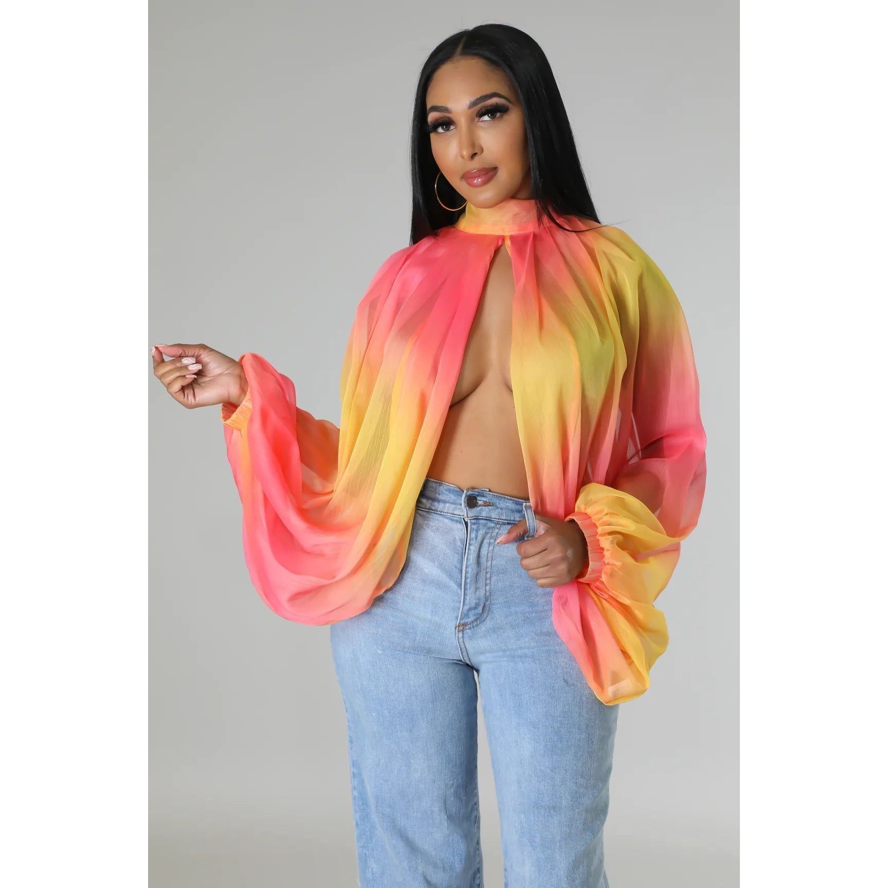 Sexy Loose Translucent Long-sleeved Printed Top