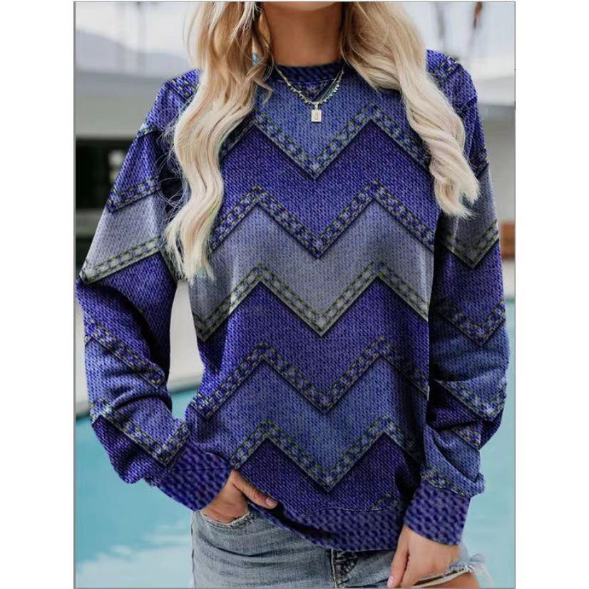 Color Block Denim Printing Casual Long-sleeved Geometric Sweater For Women