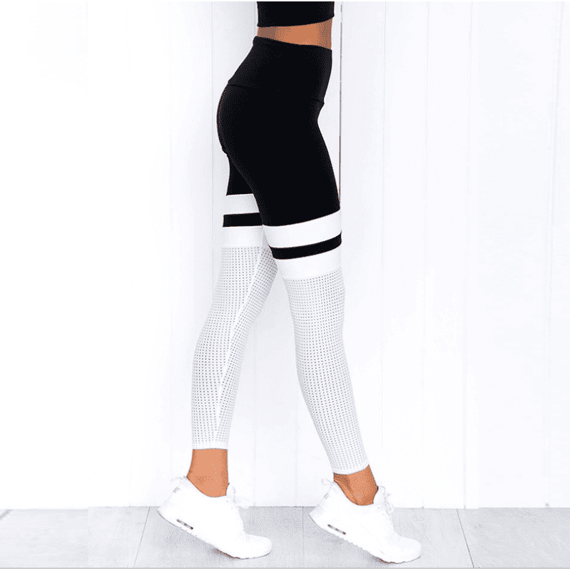Yoga leggings black and white stitching hip breathable mesh yoga pants - Jointcorp