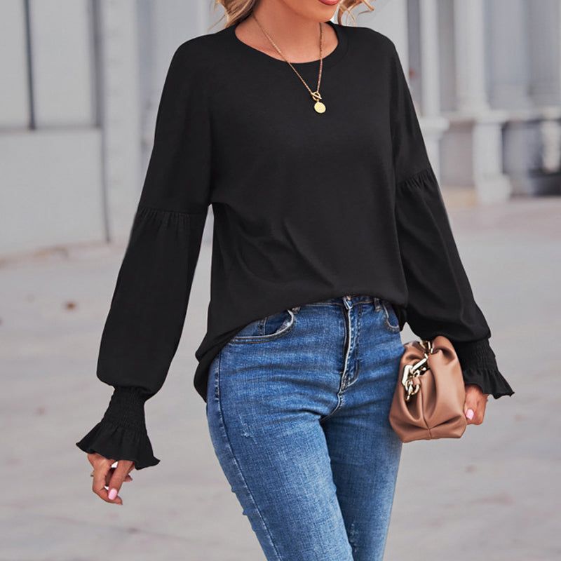 Round Neck Pleated Lantern Sleeve T-shirt for Women, Autumn/Winter.