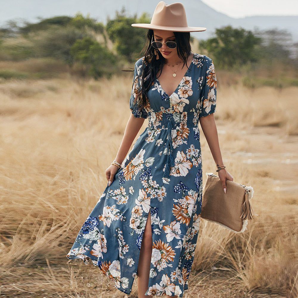 Floral Summer Beach Dress With V Neck Elastic Waist Dresses For Women - Jointcorp
