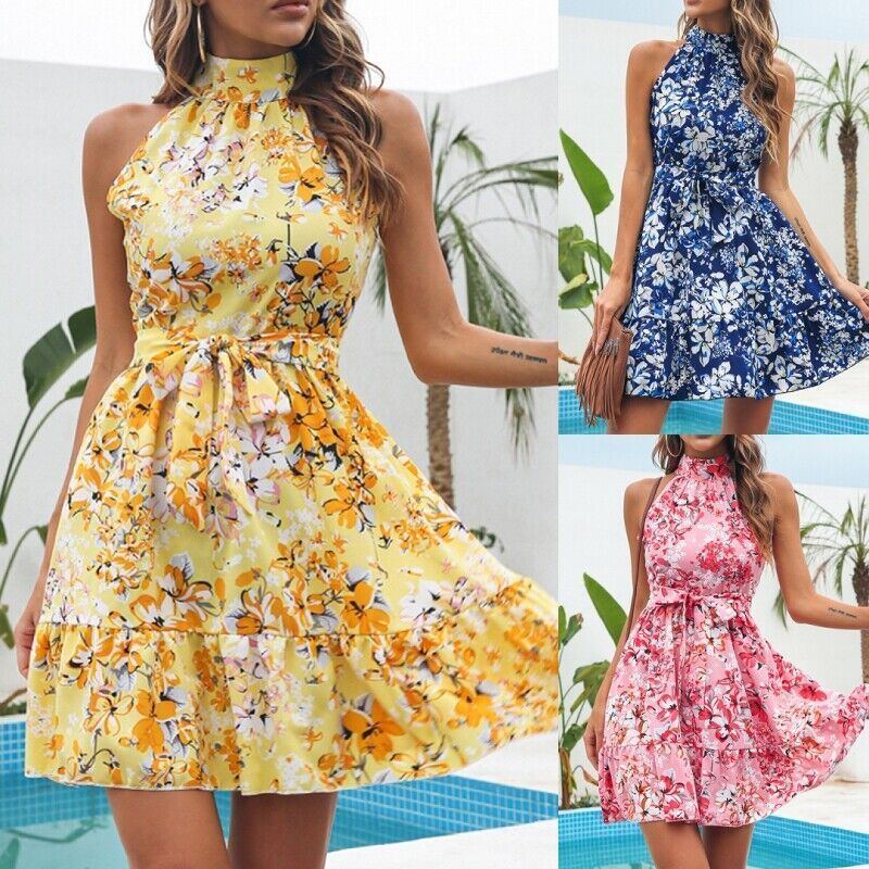 Halter Dresses Women Floral Print Sleeveless Swing Chiffon Holiday Dress - Jointcorp