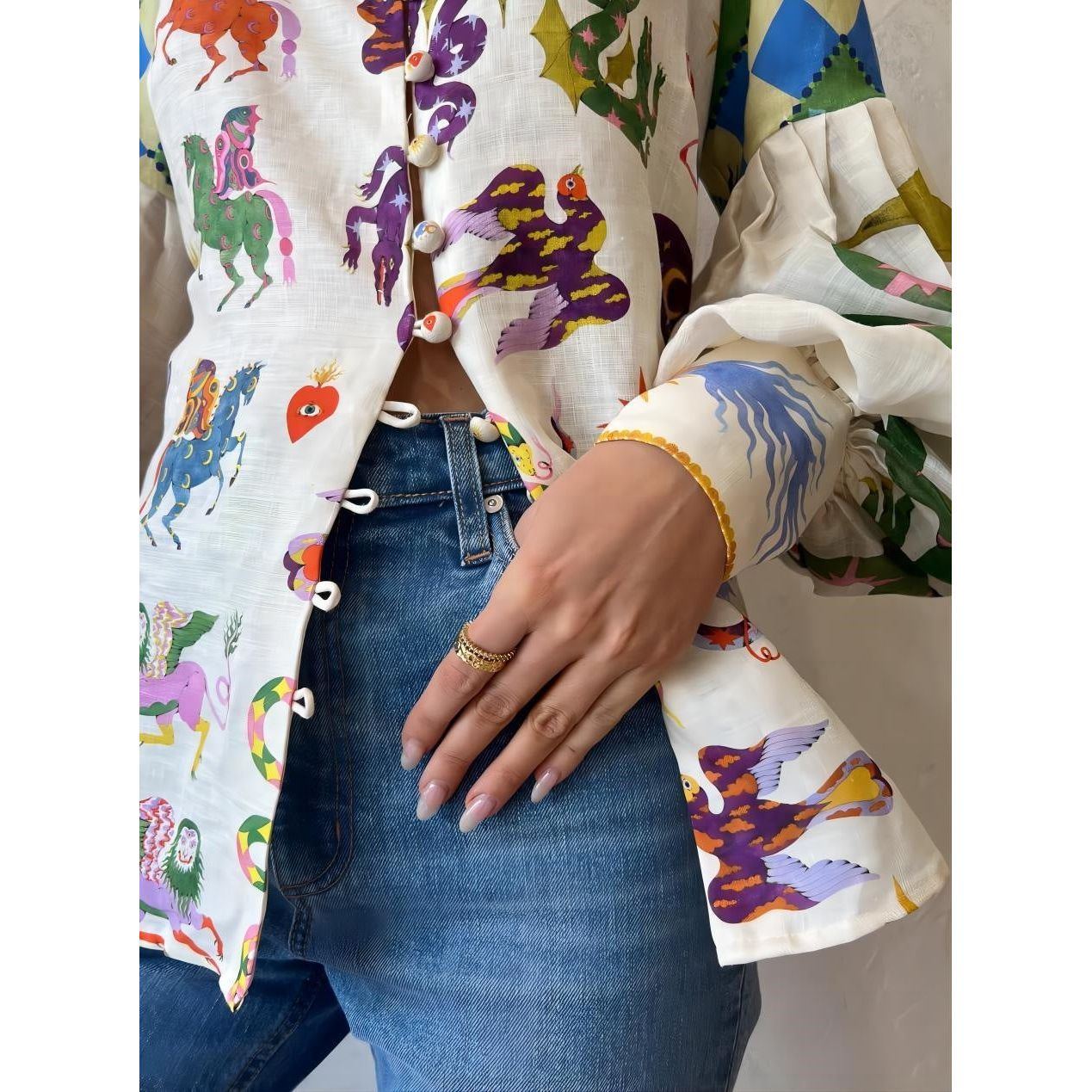 Personalized Graffiti Printing Lapel Lantern Sleeve Cardigan Shirt - Jointcorp