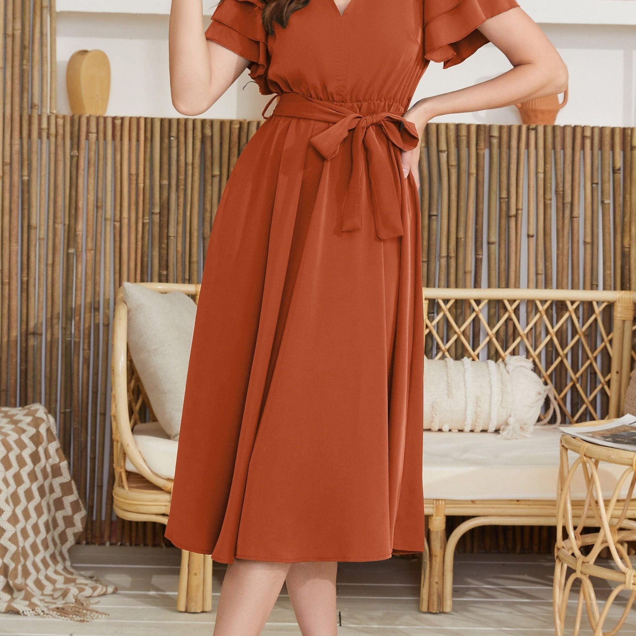 Belted Layered Ruffle Hem Dress, Casual V Neck Short Sleeve Dress, Women's Clothing