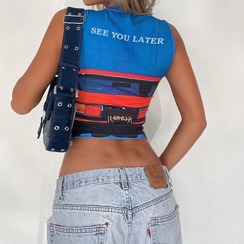 Street Cool Motorcycle Hot Girl Style Irregular Color Matching Printing Slim Fit Sleeveless Vest - Jointcorp