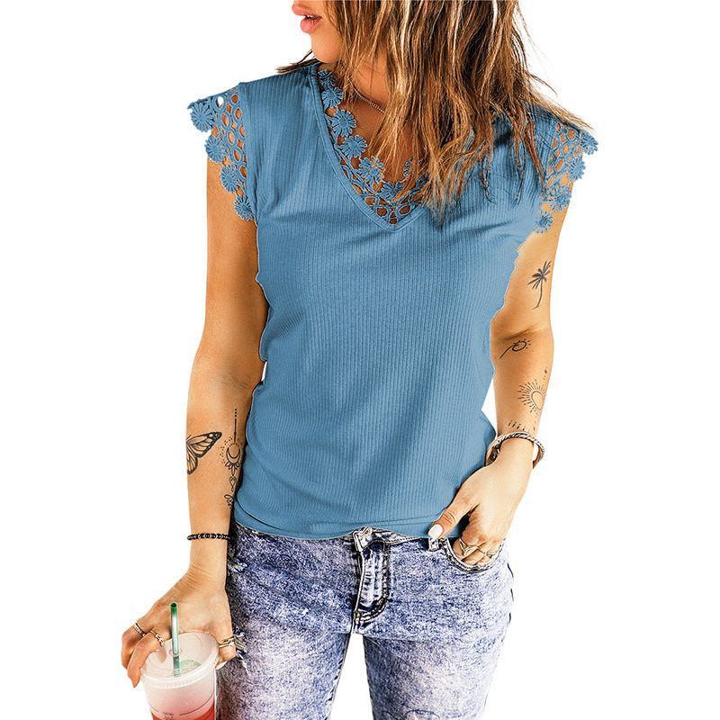 Lace V-neck Slim-fit Solid Color Simple Outdoor Vest Bottoming Top
