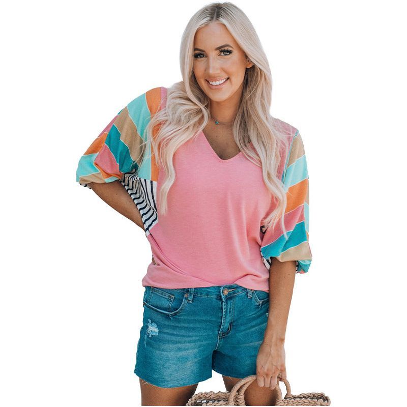 V-neck Pullover Contrast Stitching Short Sleeves Top