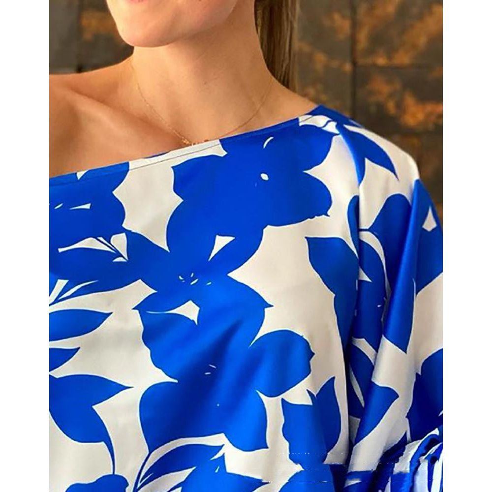 Women's Blue Off-shoulder Loose Print Top