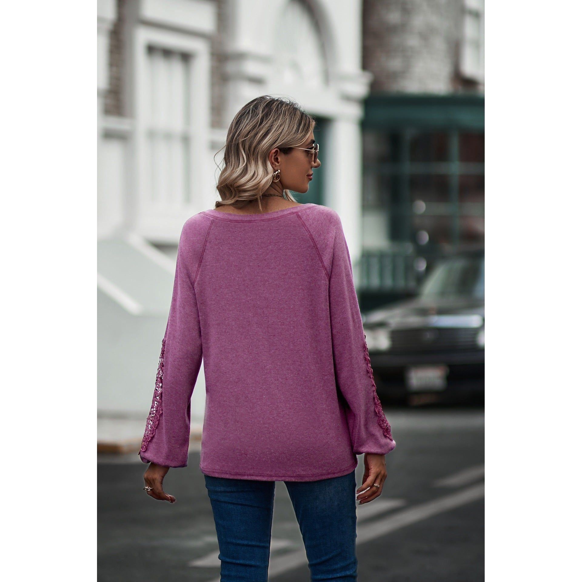 Loose Casual V-neck Lace Lace Long-sleeved