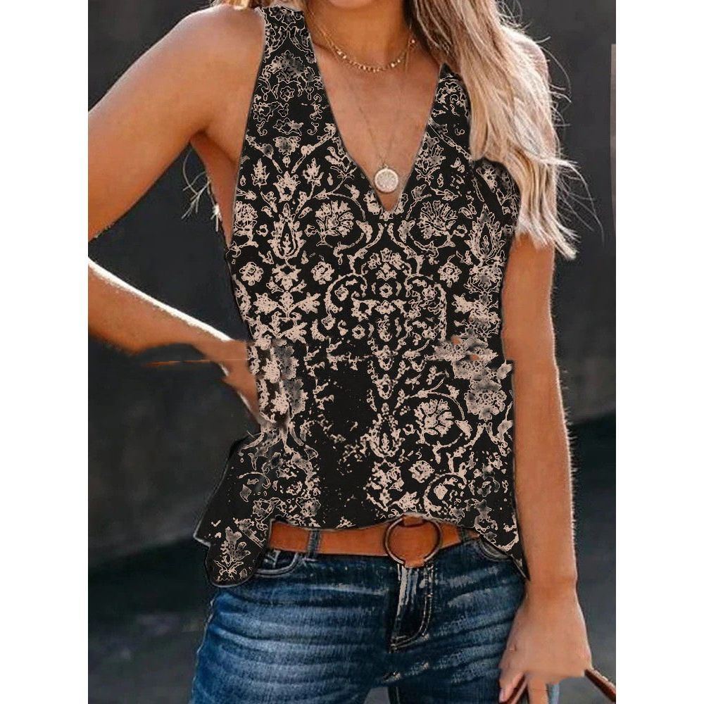 Spaghetti-strap Floral Print Women's Vest T-shirt