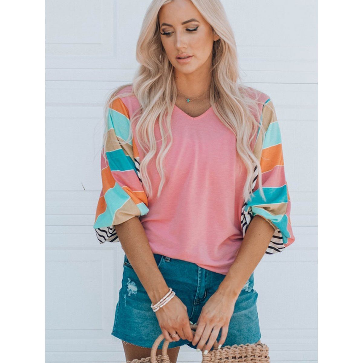 V-neck Pullover Contrast Stitching Short Sleeves Top