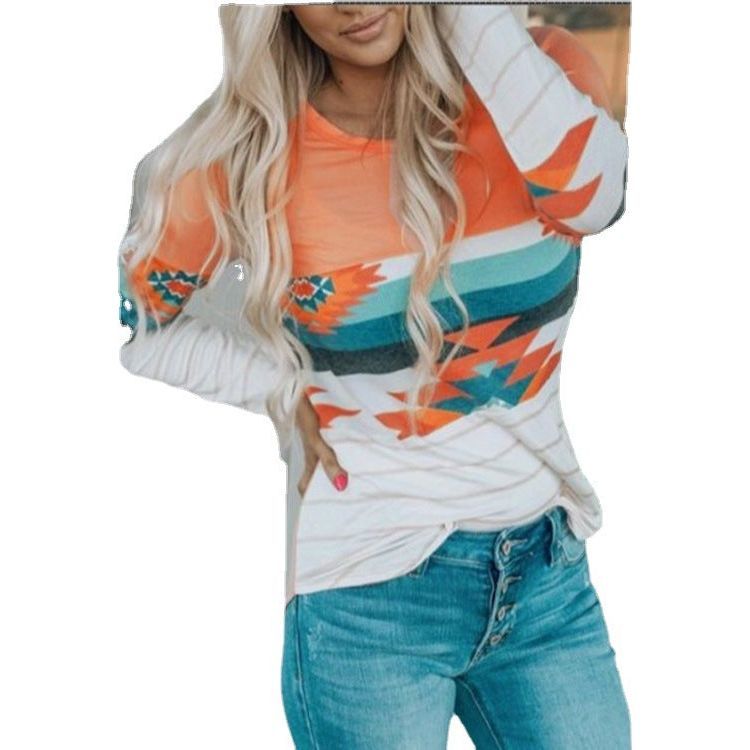 Women's Printed Round Neck Knitted Long-sleeved Top T-shirt