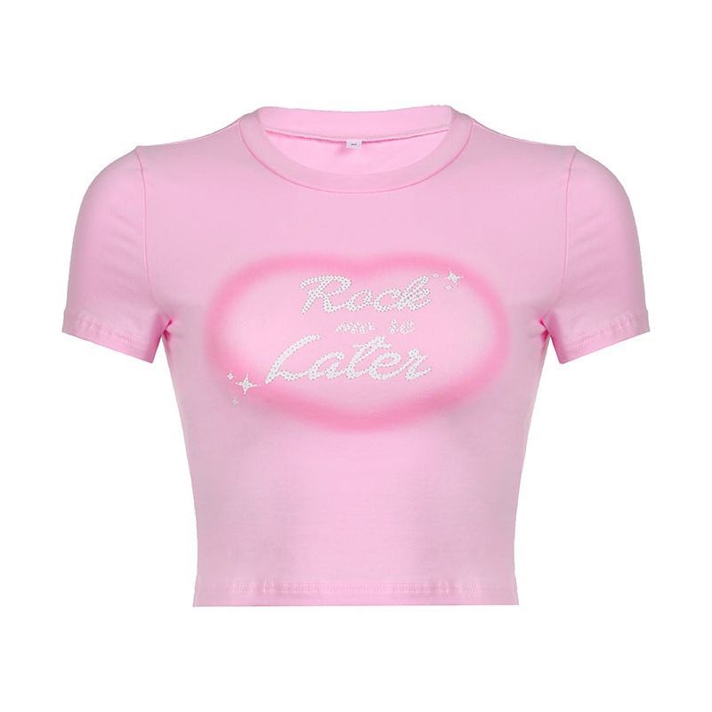 Slim Fit Midriff-baring Love Letter Printed T-shirt Top