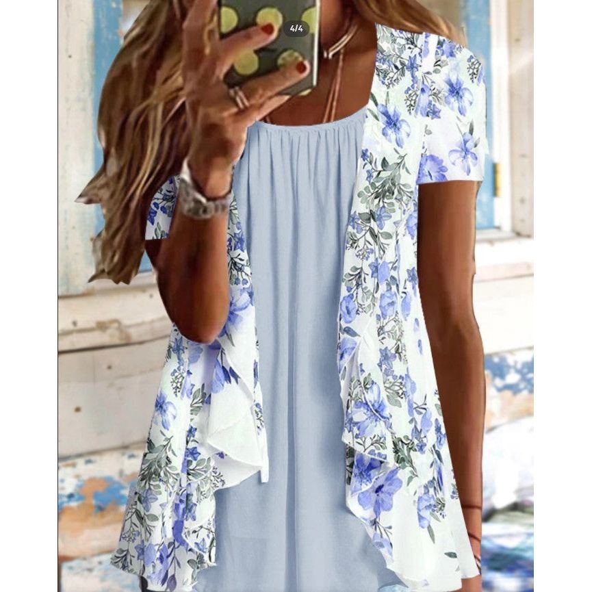 Round Neck Floral Casual Style Tunic Top