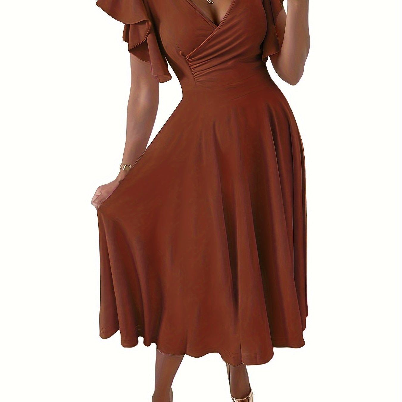 Solid Color Flutter Sleeve Dress, Elegant Surplice Neck A-line Dress, Women's Clothing