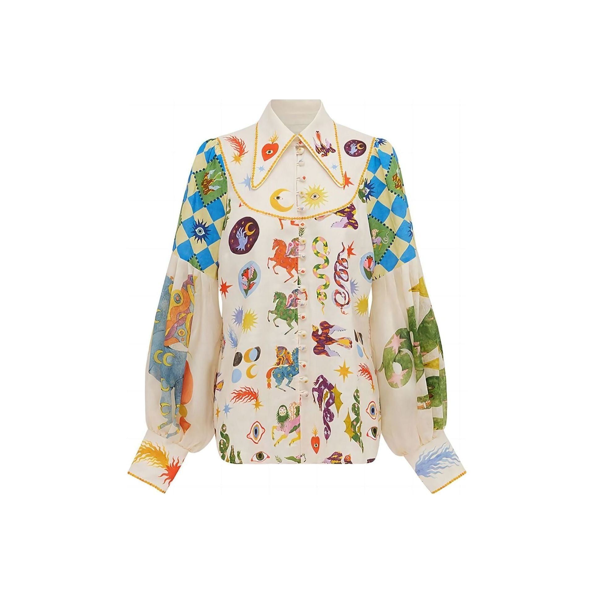 Personalized Graffiti Printing Lapel Lantern Sleeve Cardigan Shirt - Jointcorp