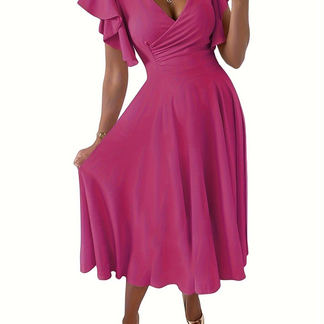 Solid Color Flutter Sleeve Dress, Elegant Surplice Neck A-line Dress, Women's Clothing