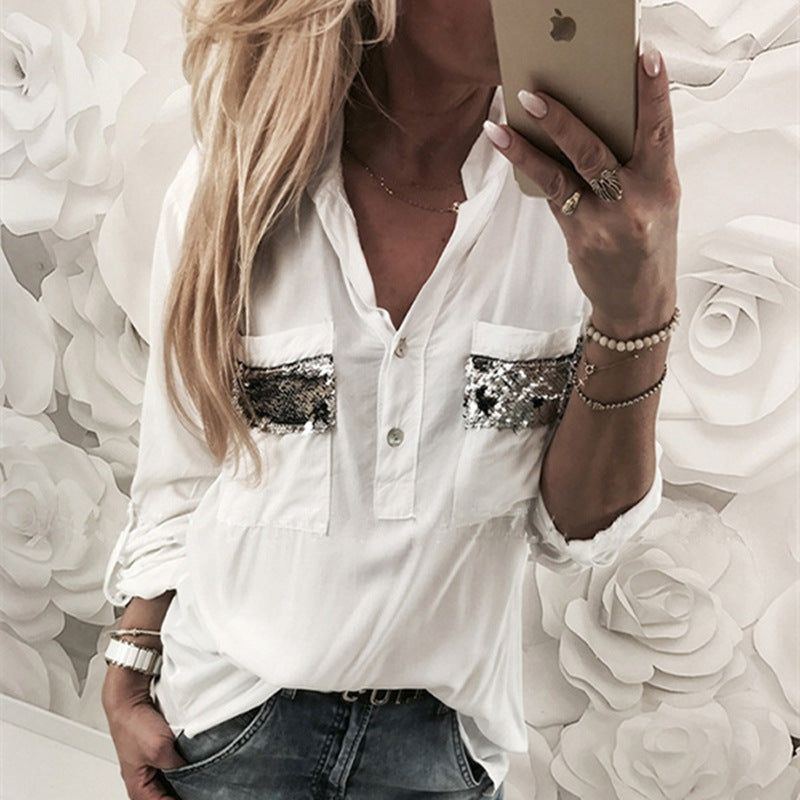 Solid Color And V-neck Sequined Pocket Shirt Loose Long Sleeve Shirt