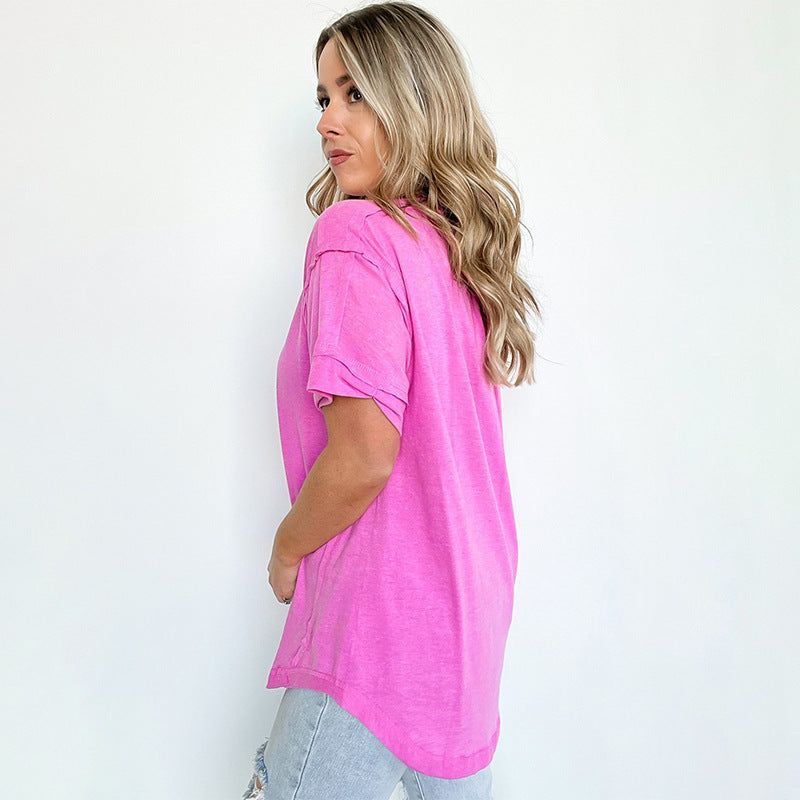 Mid-length Shiying Casual Style Half-open Collar Top
