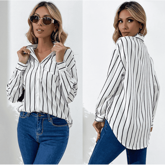 Business Wear Women's Loose Lapels White Striped Shirt - Jointcorp