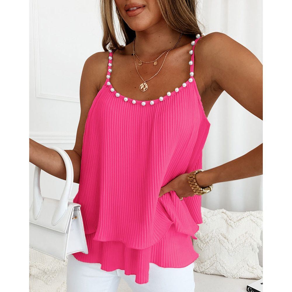 Women's Pink Pleated Design Bubble Bead Decoration Fashion Suspenders