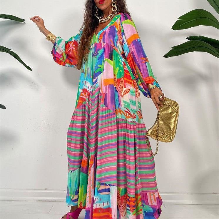 Oversized V-neck Printed Dress Retro French Women - Jointcorp