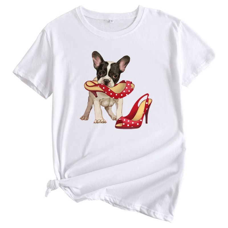 Loose And Cute Dog Print Pure Cotton Round Neck Short Sleeves