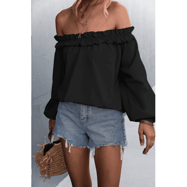 Solid Color Sexy Off-the-shoulder Lantern Sleeve T-shirt Top For Women - Jointcorp