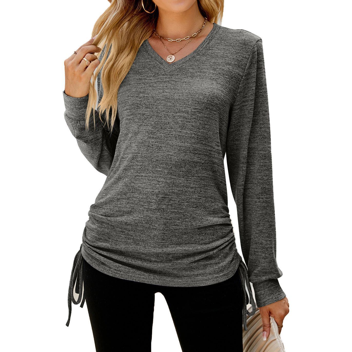 Women's Top Solid Color V-neck Hem Lace-up Long-sleeved Women's T-shirt