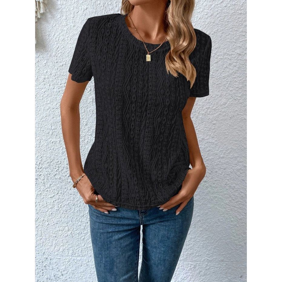 Hollowed Leisure Solid Color Round Neck T-shirt For Women