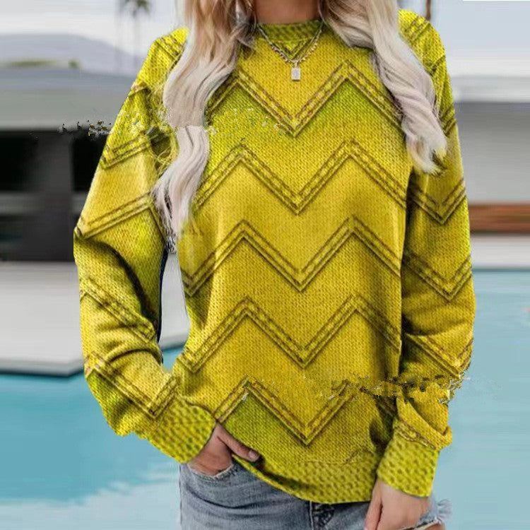 Color Block Denim Printing Casual Long-sleeved Geometric Sweater For Women - Jointcorp