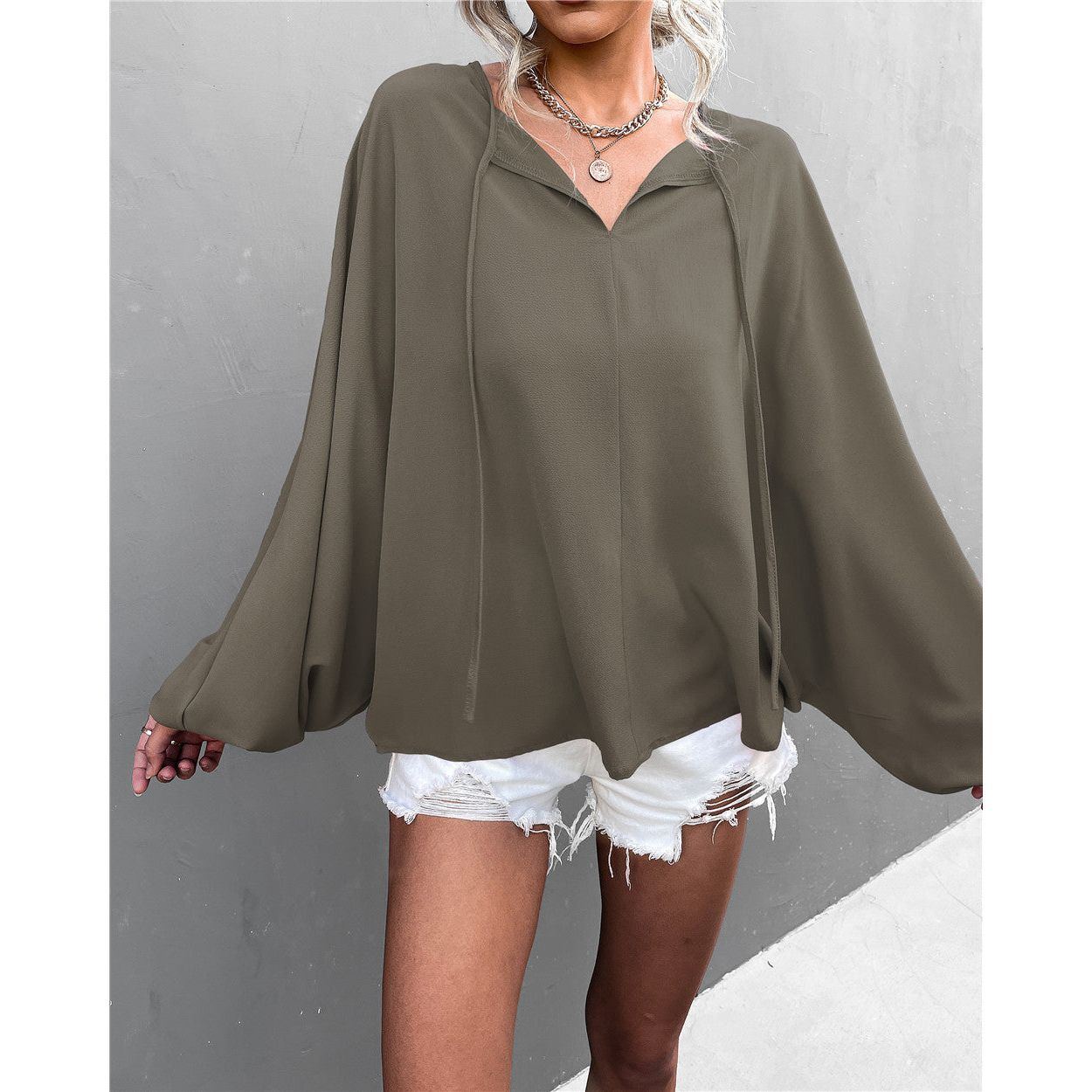 Lantern Sleeve Tied V-neck Loose Casual Top Women