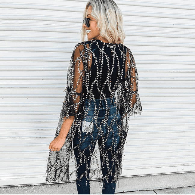 Sequined Transparent Mid-length Cardigan For Women Autumn