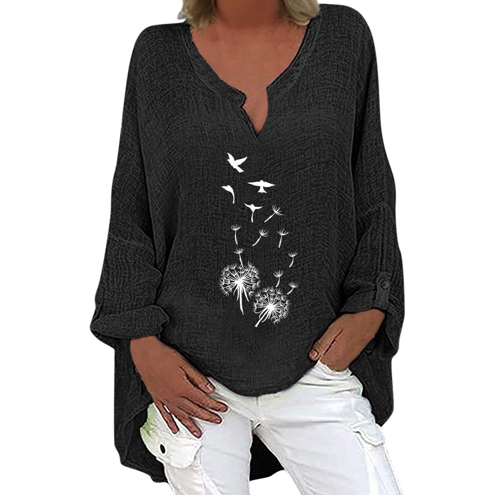 Top Dandelion Print V-Neck Cotton Linen - Jointcorp