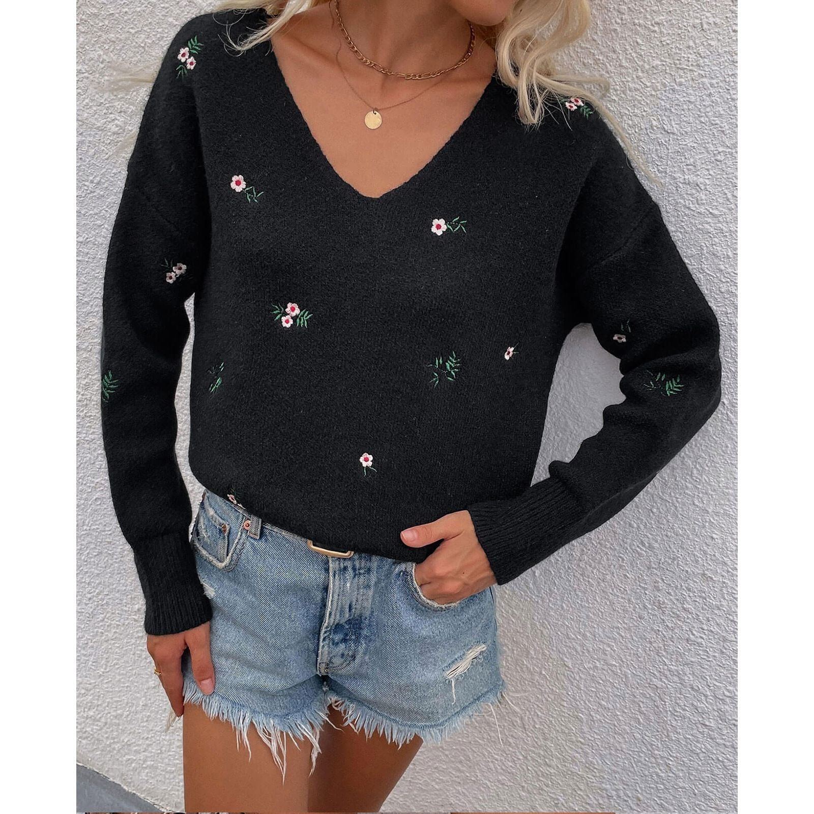 V-neck Pullover Beautifully Embroidered European And American Sweater Woman