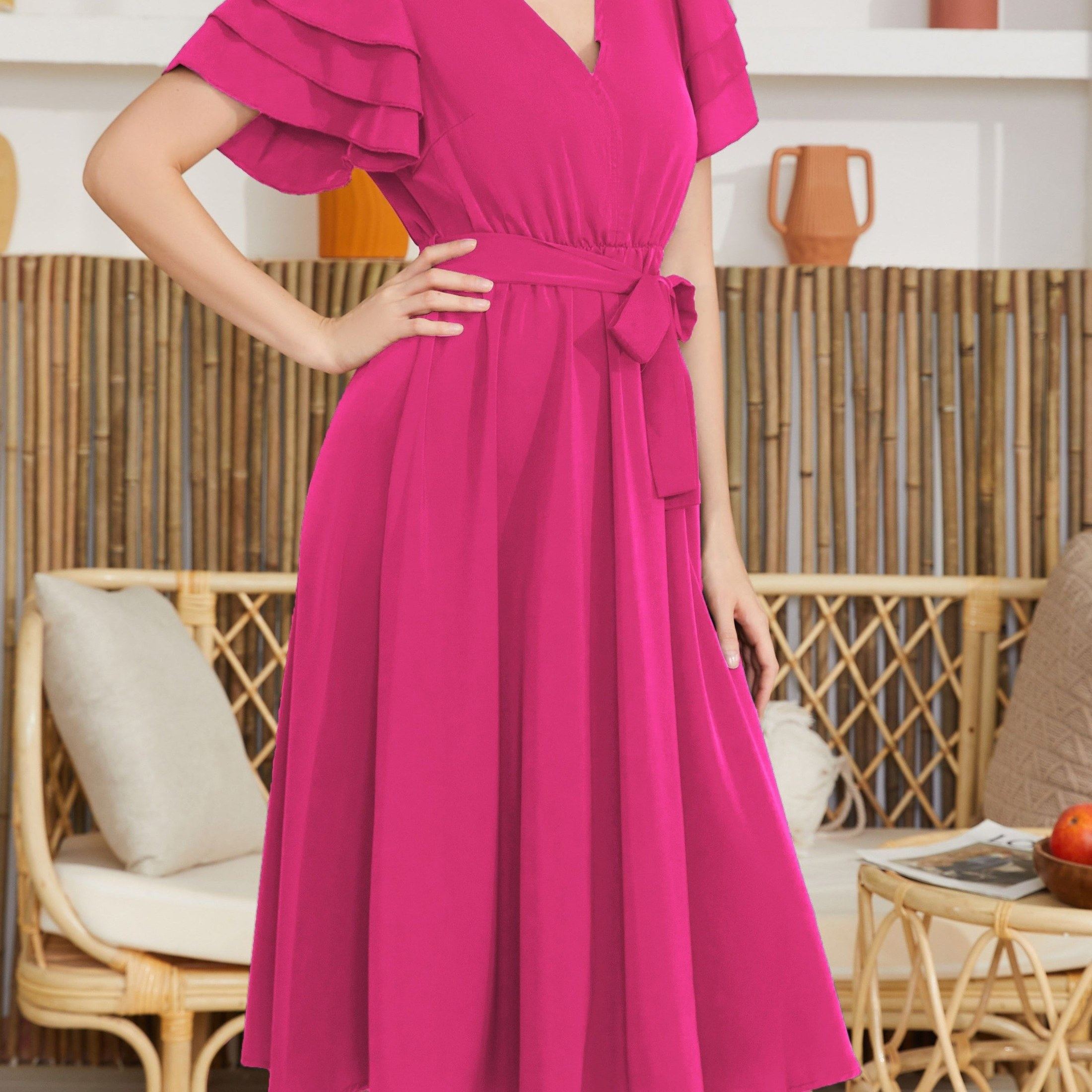 Belted Layered Ruffle Hem Dress, Casual V Neck Short Sleeve Dress, Women's Clothing