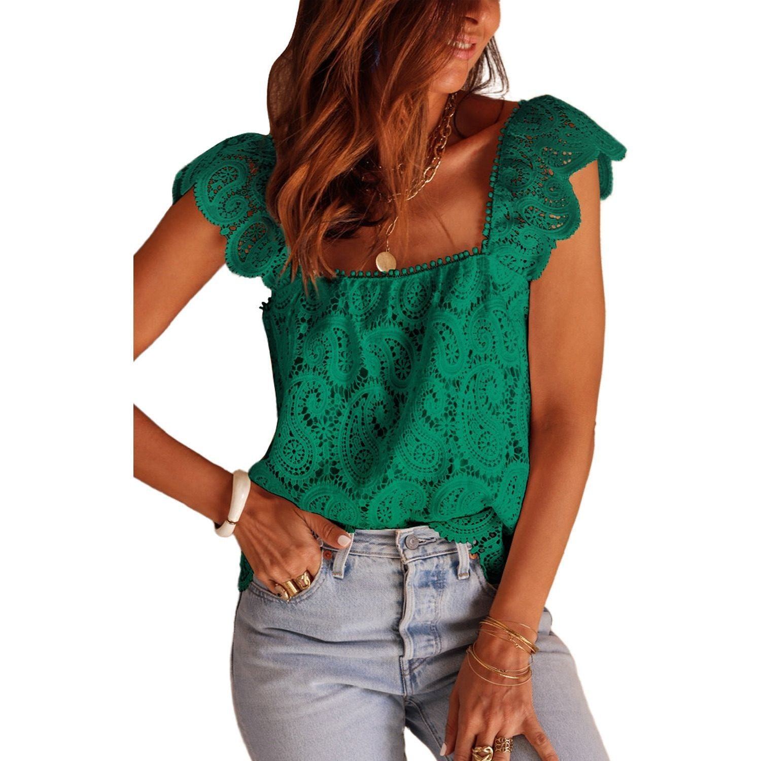 Summer New Animated Hollow Lace Crochet Ruffled Square Collar Vest For Women