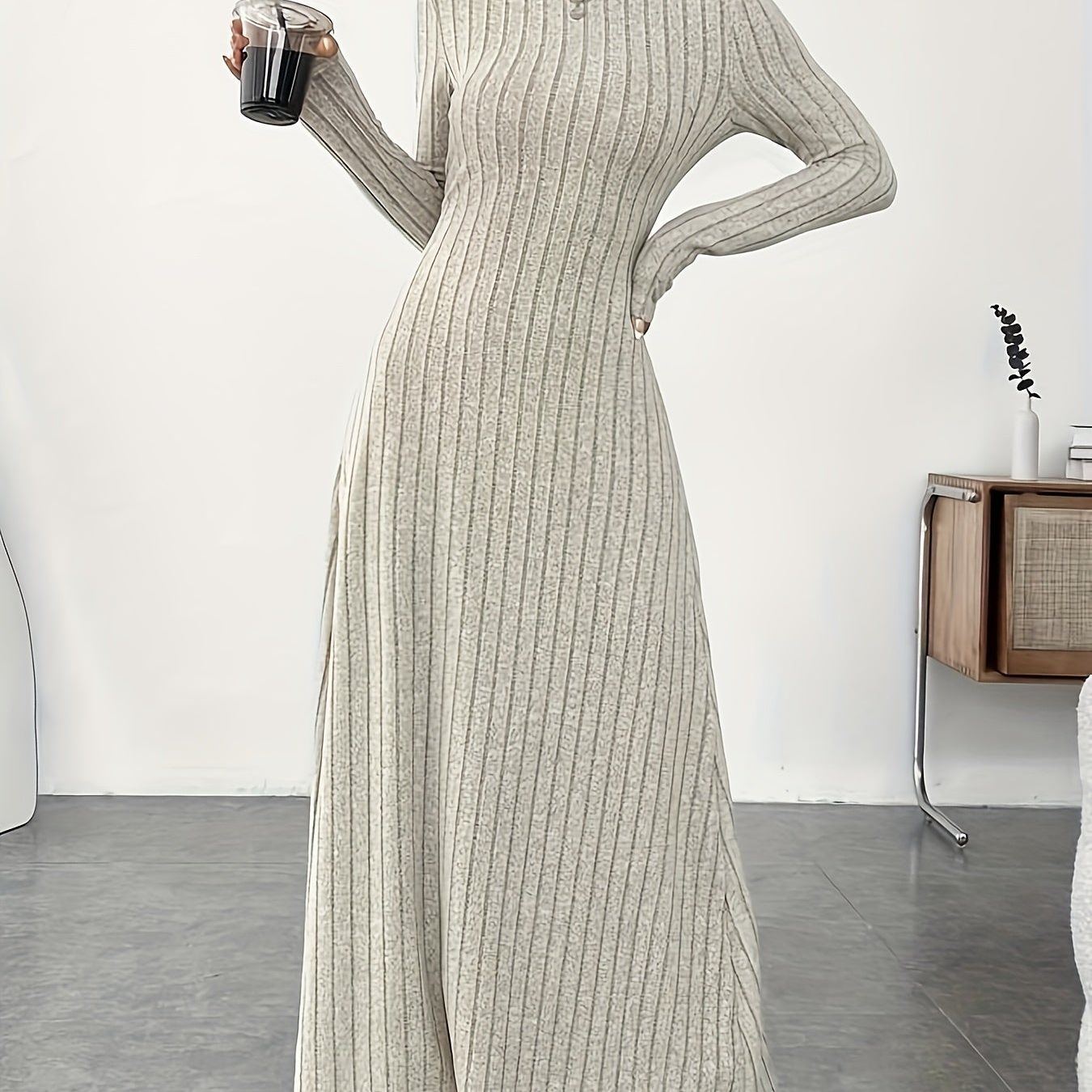 Solid Color Turtle Neck Ribbed Dress, Elegant Long Sleeve Flared Maxi Dress For Spring & Fall, Women's Clothing