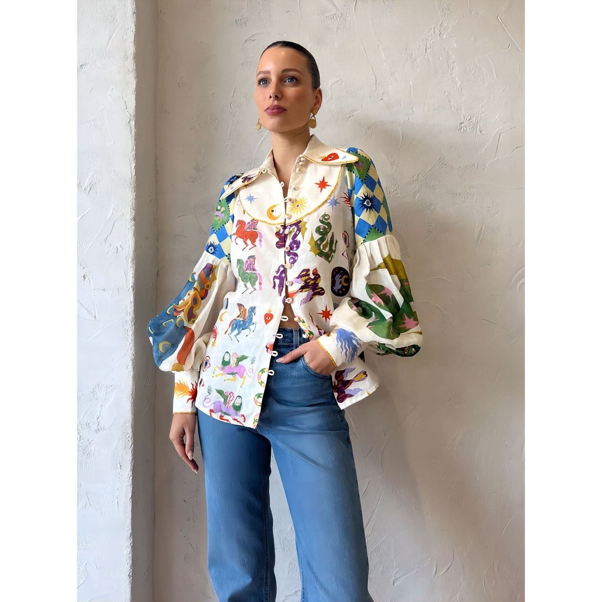 Personalized Graffiti Printing Lapel Lantern Sleeve Cardigan Shirt - Jointcorp