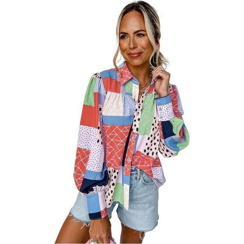 Abstract Geometric Printed Lantern Sleeve Single-breasted Shirt