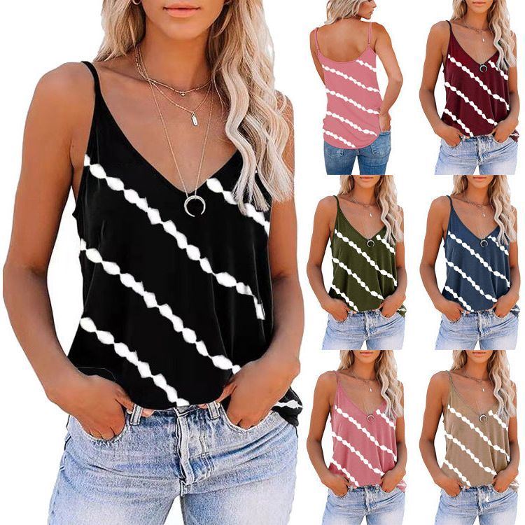 Women's Sleeveless Camisole V-neck Striped Printed T-shirt
