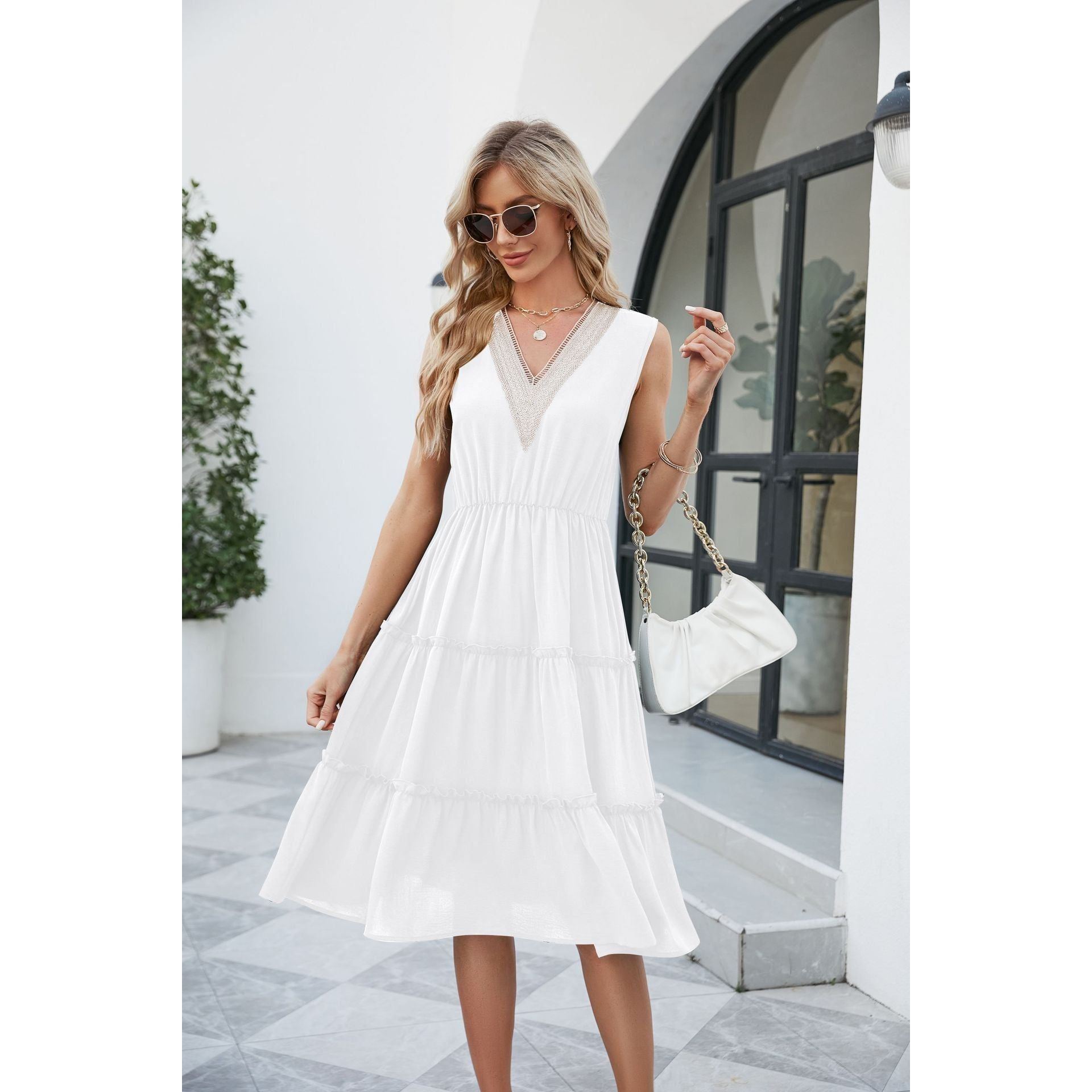 V-neck Dresses Women Sleeveless Pleated Ruffle Elegant Dress Beach Summer - Jointcorp