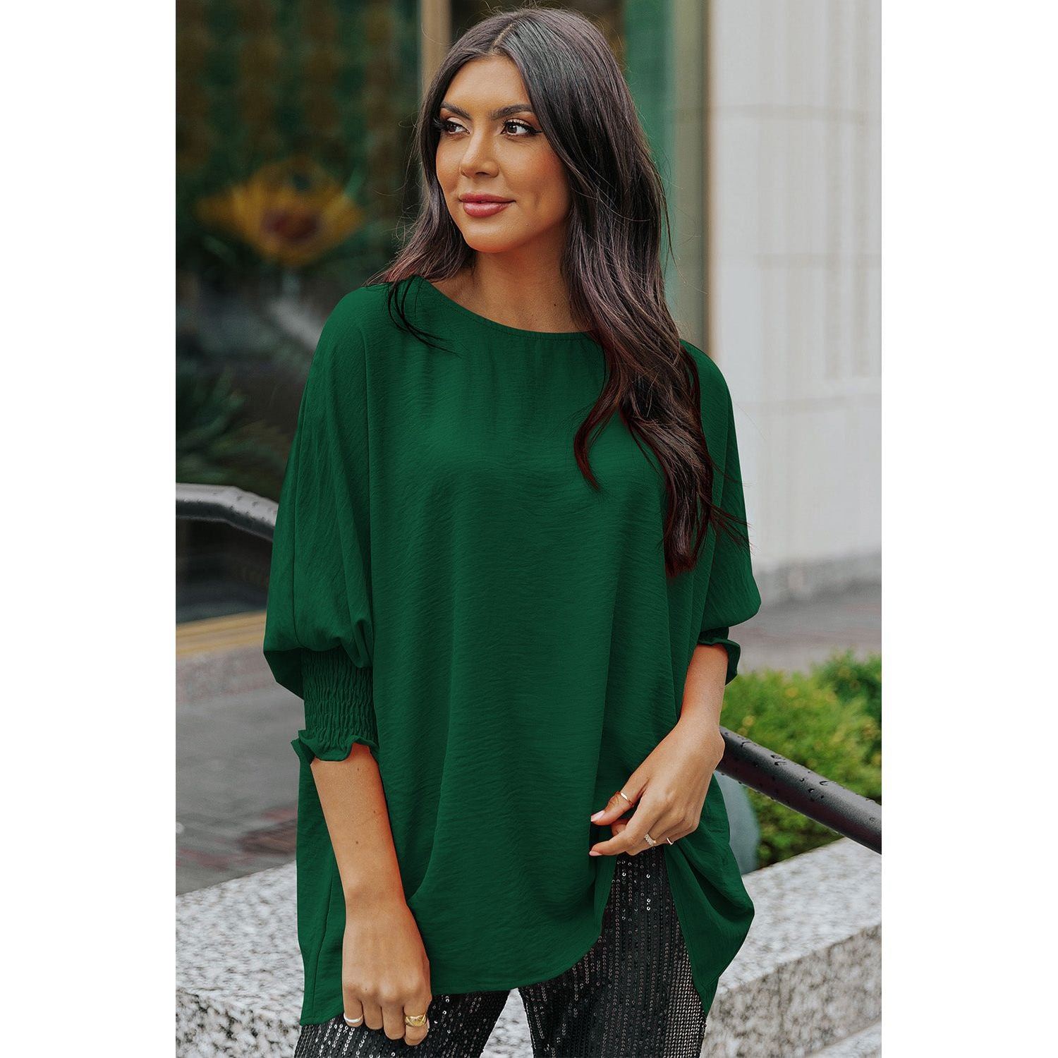 White Plain & Casual Shirred Cuffs Half Sleeve Top